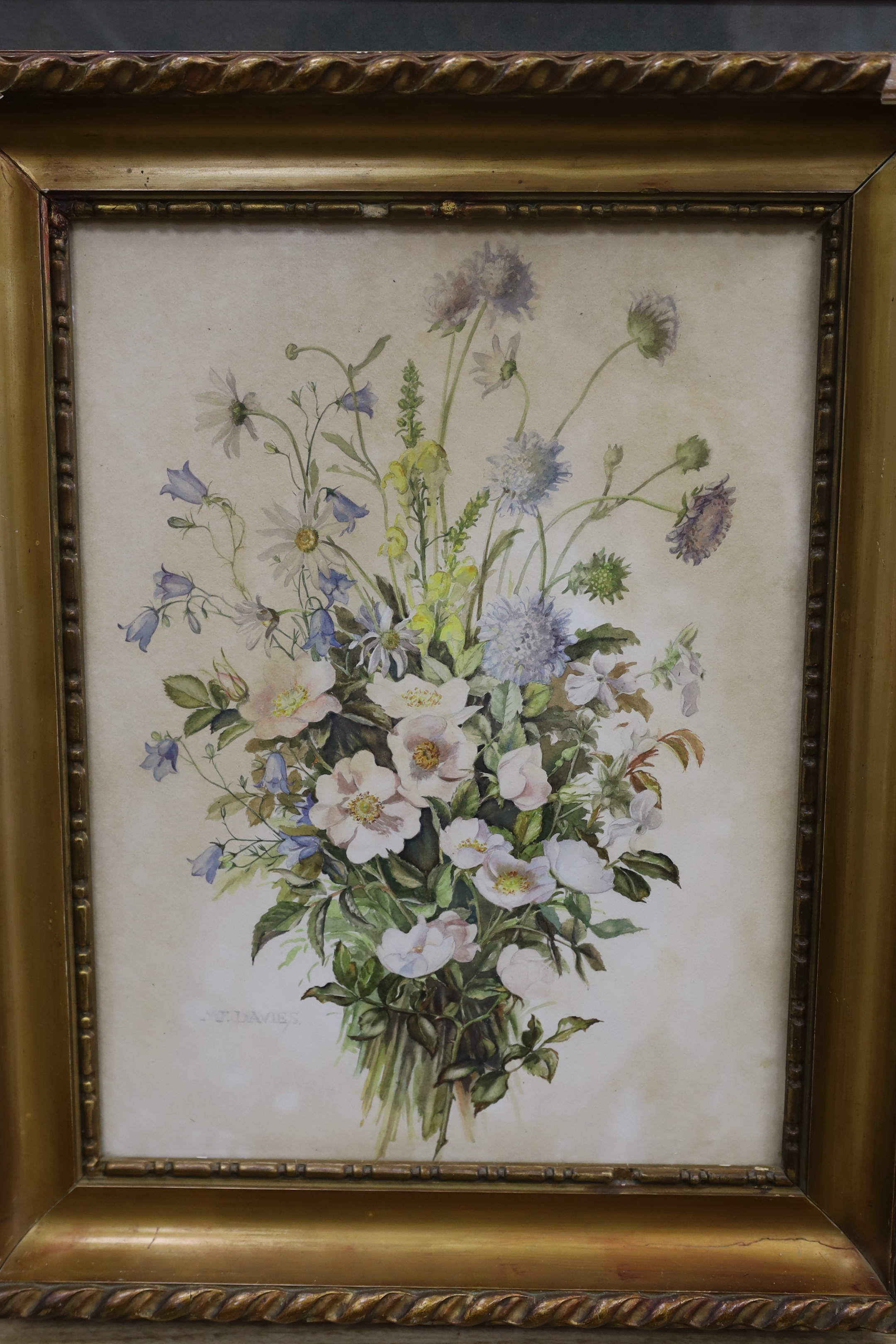 Edward Wesson (1910–1983) sepia watercolour, Figures before a church, label verso, 35 x 25cm and five various watercolours comprising Still life of flowers, Mountainous landscape, Bird on a branch and two further landsca